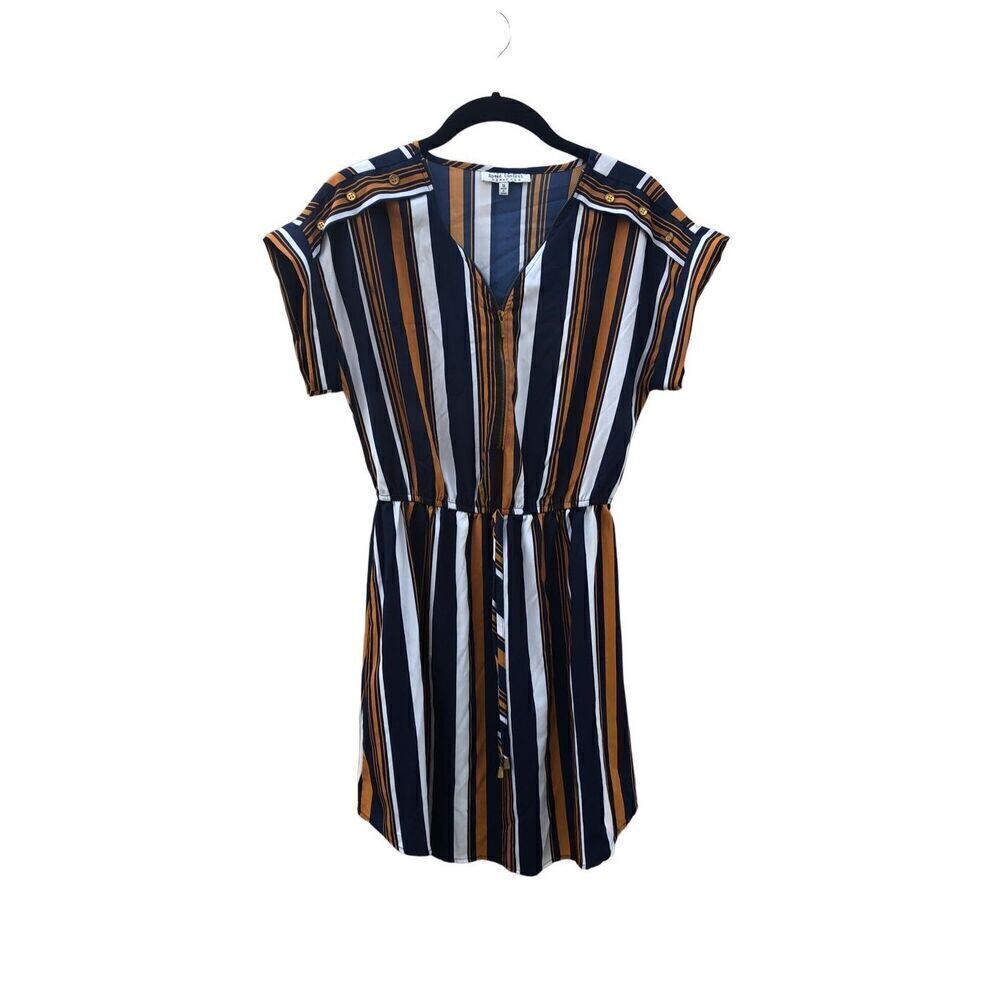 Speed Control Women's Yellow Blue Striped Short Sleeve Tie Waist Shift Dress Siz